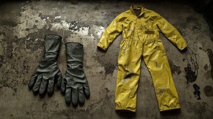 Yellow protective suit and heavy duty gloves laid out on a dirty textured surface for work and safety