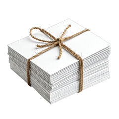 A thick stack of white paper bound neatly with rustic twine against a black background.