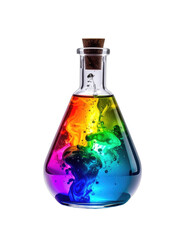 A vibrant rainbow liquid swirls inside a glass laboratory flask with a cork stopper against a black background.