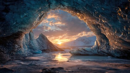 A mesmerizing view of an ice cave with a sunrise painting the sky, mountains in the distance