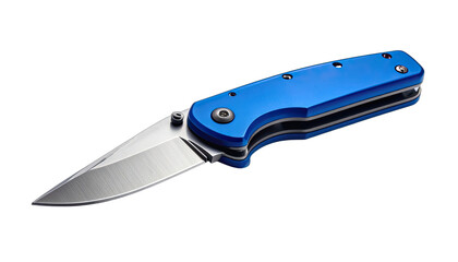 A close-up studio shot of a modern blue folding pocket knife against a black background.