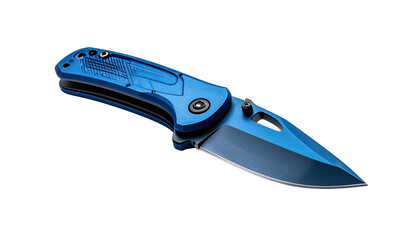 A striking, close-up studio photograph of a modern blue folding pocket knife against a deep black background.