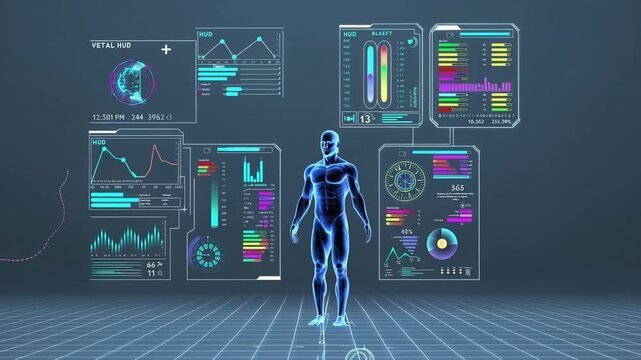 A neon wireframe human stands on a grid as floating holographic panels display charts, vitals, and analytics, suggesting a futuristic interface for medical monitoring, tracking, and data insight.