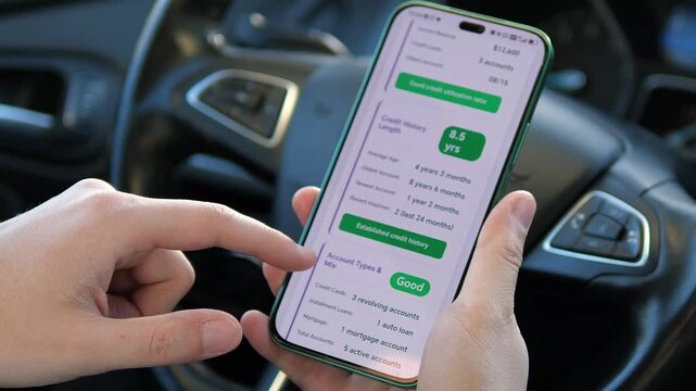 User reviewing credit utilization and financial health on mobile while sitting in a car. Modern fintech UI with clear data visualization. Great for auto loan, real estate, and digital banking promo