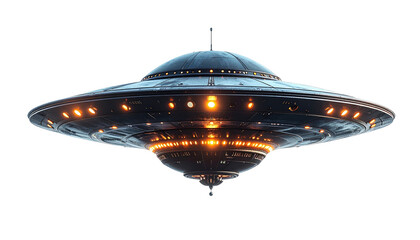 A metallic, saucer-shaped spacecraft hovers against a dark background, its bottom illuminated with warm, circular lights. It has a sleek design