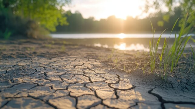 Sun baked cracked dry mud textures with sunlight reflecting on a distant lake surrounded by trees