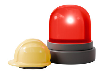 Fototapeta premium 3d emergency siren with hard hat icon. workplace safety concept. minimal cartoon warning alarm beacon for construction safety. isolated on white transparent background. 3d render.