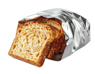 Slices of artisan bread partially exposed from a reflective silver packaging against a black background.