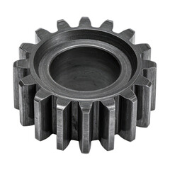 Close-up photograph of a metal spur gear isolated on a black background.