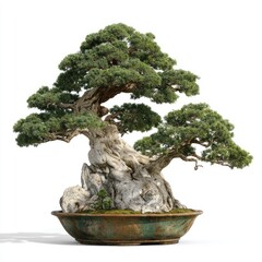 A meticulously cultivated miniature tree, styled in the bonsai tradition. It features a gnarled trunk, lush foliage, and sits in a weathered container