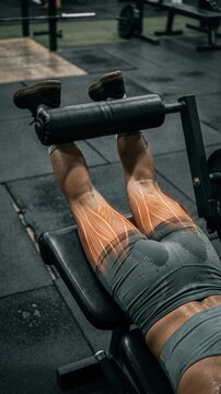 Close-up of a man's muscular legs performing a leg curl exercise on a weight machine in a gym, highlighting muscle engagement