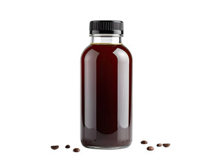 A sleek glass bottle filled with dark cold brew coffee stands against a stark black background.