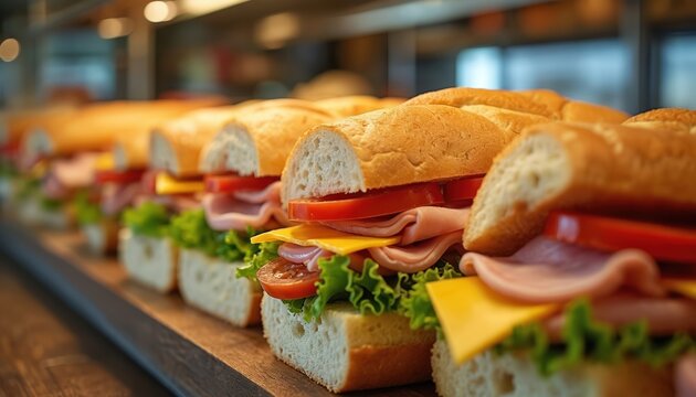 Line of submarine sandwiches with ham, cheese, lettuce, and tomato on wooden board. Freshly made subs prepared for quick service at a food establishment. Tasty meal for lunch or dinner.