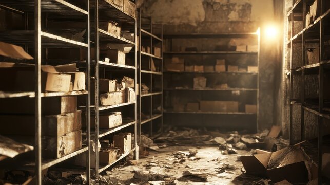 Warped metal shelves filled with boxes in an abandoned dusty storage area