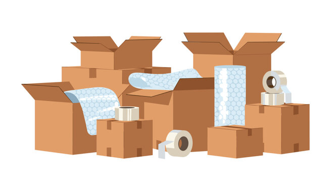 Large Stack of Various Cardboard Boxes with Bubble Wrap and Tape Ready for Moving and Delivery Transportation.