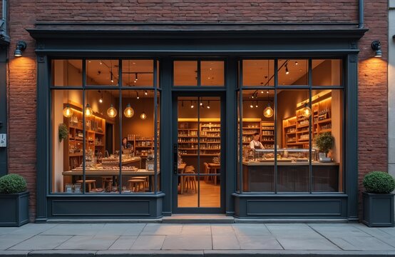 Brick facade store front with large windows displaying goods. Inside shelves filled with products. Warm light illuminates interior. A person works behind counter. This inviting shop facade.