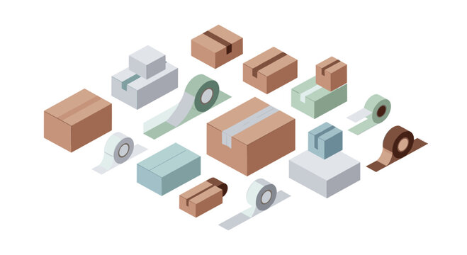 Isometric View of Various Cardboard Boxes and Rolls of Packaging Tape for Shipping and Moving Logistics Services.
