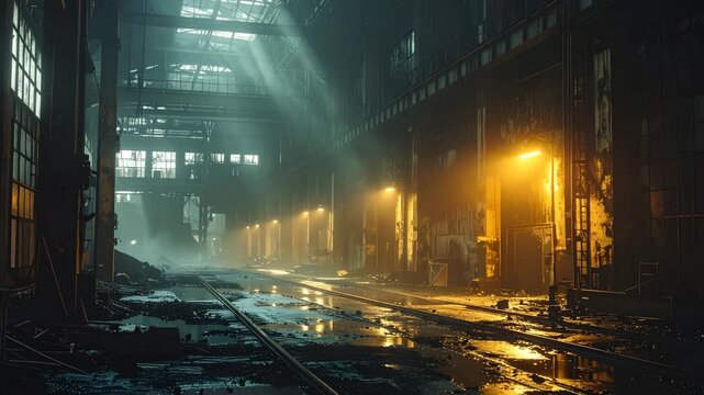 Industrial Interior: The interior of a vast, weathered industrial complex exudes a sense of history and scale.