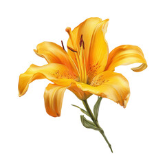 Obraz premium Bright yellow lily flower with green stem isolated on a transparent background