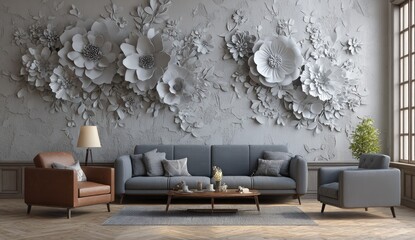 A modern living space features a gray sofa and armchairs, adorned with elaborate floral wall art in shades of white. A cozy ambience