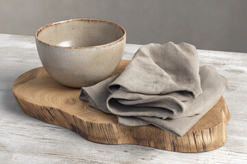 Realistic still life of kitchen items on a wooden cutting board in a home setting Generative AI
