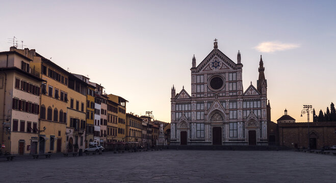 Florence, Italy - March 23, 2019 - The Basilica di Santa Croce (Basilica of the Holy Cross) on the Piazza di Santa Croce in a morning without people