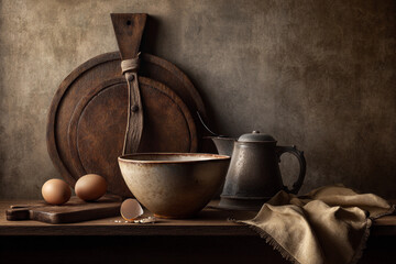 Kitchen scene with wooden cutting board, eggs, bowl, and metal pitcher on a table Generative AI