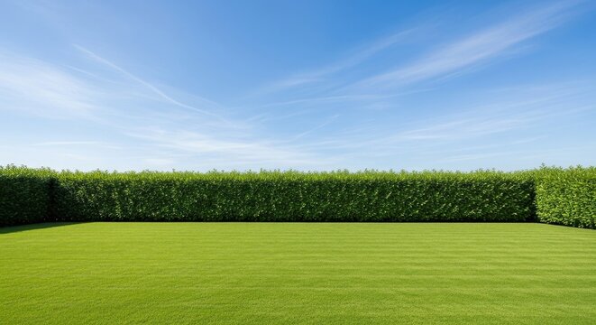 Green grass lawn with a tall hedge under a clear blue sky