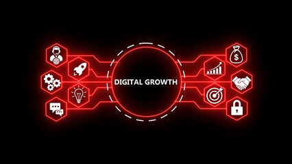Fototapeta premium DIGITAL GROWTH concept with glowing technology icons on a dark background. Futuristic digital network showing business growth, startup ideas, strategy, security, target achievement, 