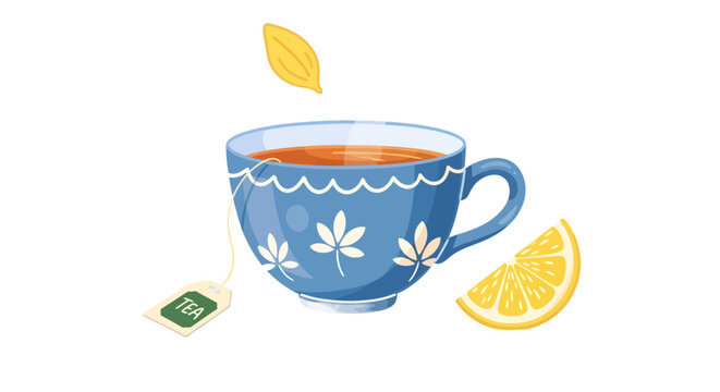 Charming cartoon illustration of a hot steaming tea cup with lemon
