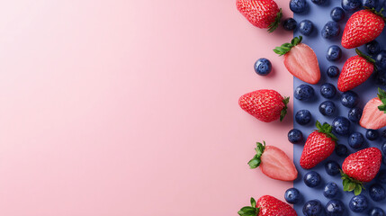 Fresh strawberries and blueberries arranged on a pink background for a summer snack Generative AI