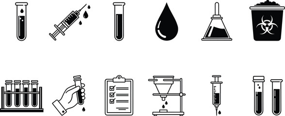 Medical laboratory icon set with blood test syringe beaker biohazard clipboard and scientific equipment symbols for healthcare research design use