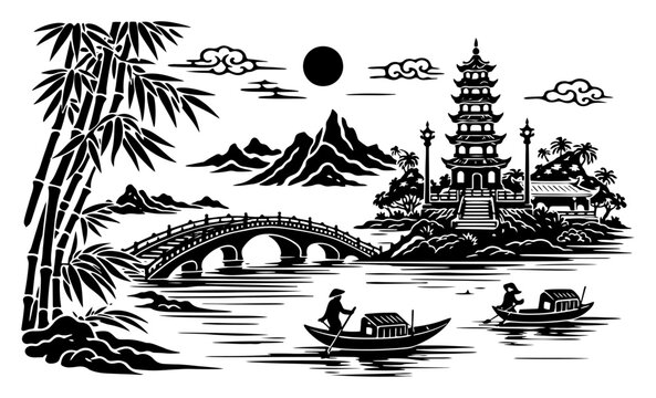 Detailed asian landscape vector with bamboo and bridge leading to pagoda tower