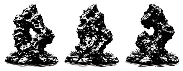 Set of three decorative garden stones or scholar rocks in monochrome vector style © Anna