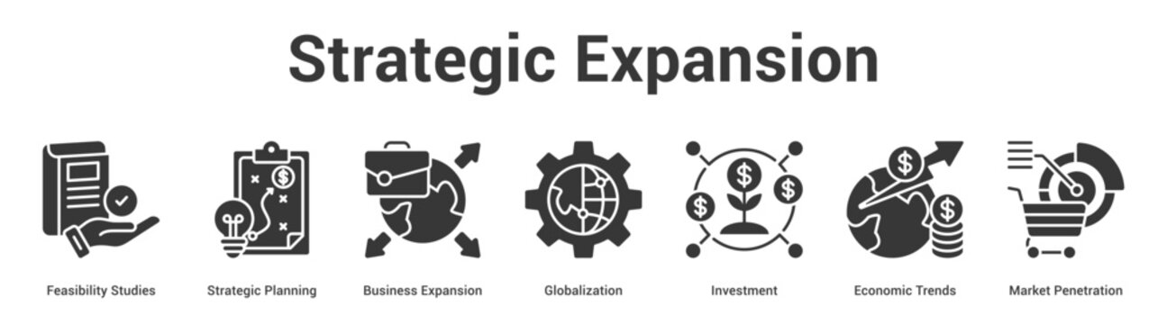 Strategic Expansion web banner icon set vector illustration concept for business with icon of Feasibility Studies, Strategic Planning, Business Expansion, Globalization, Investment, Economic Tren.