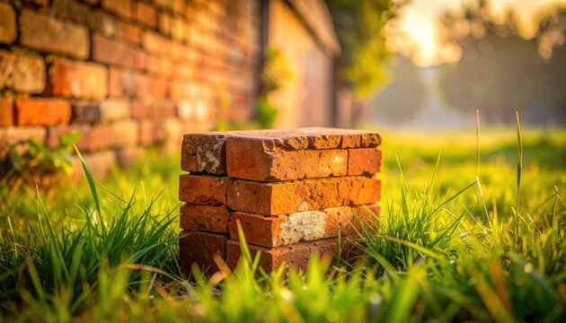 Stack of weathered red clay bricks sits in lush green grass before sunlit old brick wall during golden hour sunset