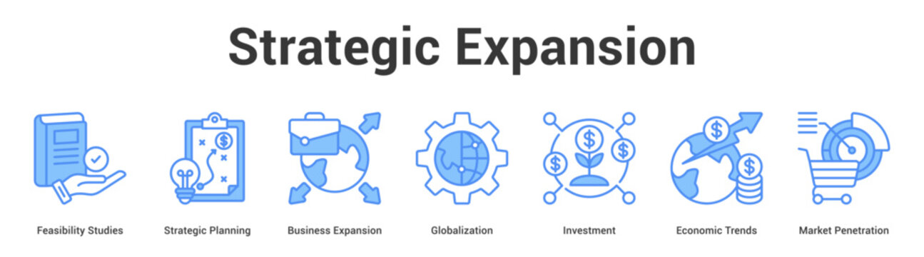 Strategic Expansion web banner icon set vector illustration concept for business with icon of Feasibility Studies, Strategic Planning, Business Expansion, Globalization, Investment, Economic Tren.