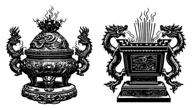 Traditional asian incense burner vessels with dragon ornaments in monochrome style