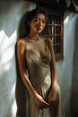 Fototapeta premium graceful woman in beige dress in minimalist courtyard, serene asian courtyard with elegant woman in soft light, poetic natural portrait of woman in zen-inspired setting