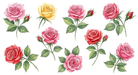Fototapeta premium Beautiful roses in various pink and red shades isolated on white background with green leaves and buds