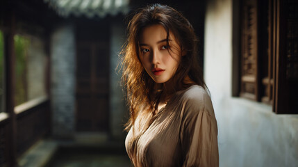 Fototapeta premium graceful woman in beige dress in minimalist courtyard, serene asian courtyard with elegant woman in soft light, poetic natural portrait of woman in zen-inspired setting
