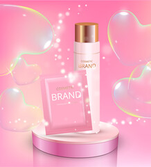 Pink cosmetic podium with skincare sachet and bottle and floating glass hearts