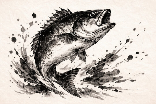 Black lnk Fish illustration Jumping Vintage Engraving Style Art,Monochrome Splash