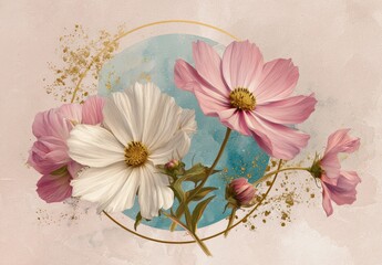 A pastel-hued floral arrangement, featuring pink and white blooms, accented with a golden circular frame and golden flecks. A soft, blue watercolor element is in the background