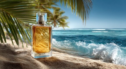 A perfume bottle sits on a sandy beach, with a turquoise ocean and palm fronds in the background. The bottle has a golden liquid