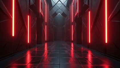 Fototapeta premium Dark futuristic corridor with red neon lights. Geometric walls and reflective floor create a sense of depth and mystery. Sci-fi tunnel with intense lighting.