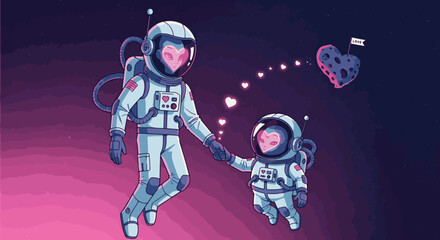 Naklejka premium Cute illustration of two astronauts, one adult and one child, holding hands and floating in a vibrant purple and pink starry space
