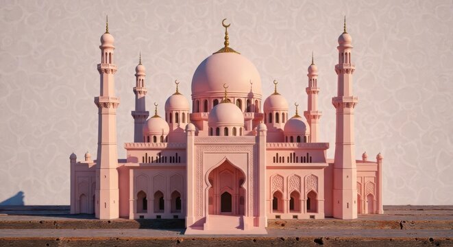 A stunning pink mosque with multiple domes and minarets standing majestically in a desert landscape with a clear sky