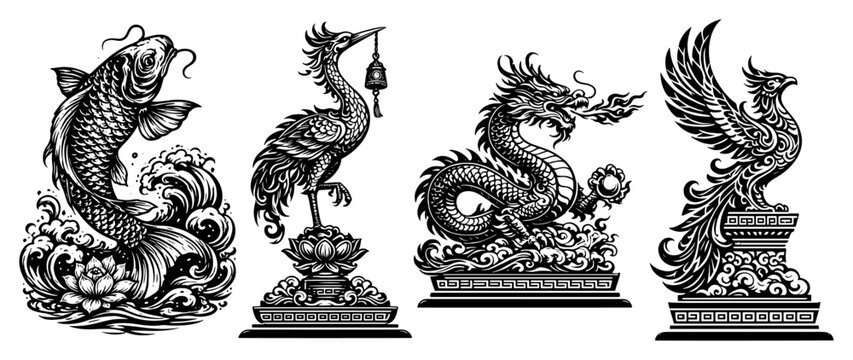 Set of mythical oriental creatures including dragon phoenix crane and koi fish on ornate pedestals