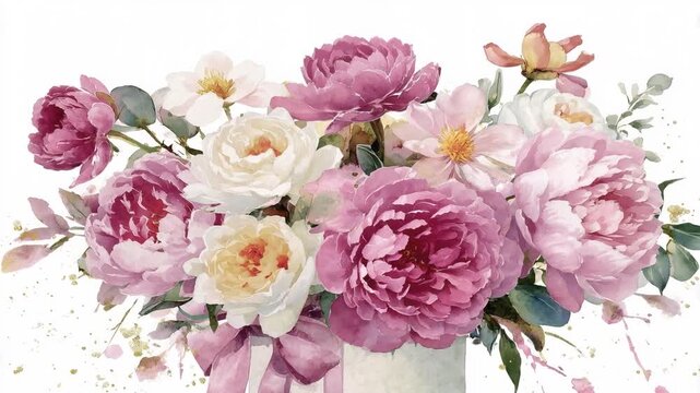 Flowers in a white box with pink and white blooms against a plain background, showing peonies and roses arranged with diverse greenery and ribbons